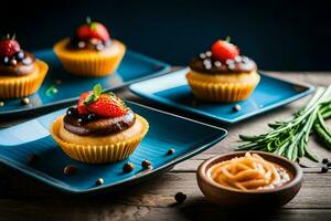 cupcakes met aardbeien en chocola Aan blauw platen. ai-gegenereerd foto