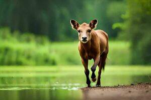 een bruin koe wandelen langs een rivier. ai-gegenereerd foto