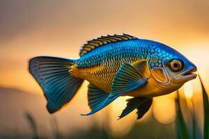 een vis met blauw en geel kleuren is in de water. ai-gegenereerd foto