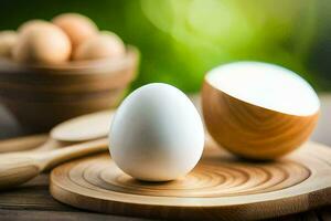 eieren Aan een houten snijdend bord. ai-gegenereerd foto