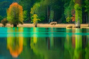 kleurrijk bomen zijn weerspiegeld in de water. ai-gegenereerd foto