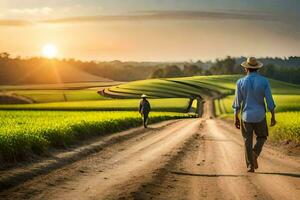 twee mannen wandelen naar beneden een aarde weg in een veld. ai-gegenereerd foto