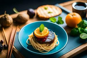 een bord met spaghetti, vlees en sinaasappels Aan het. ai-gegenereerd foto