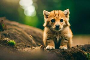 een klein bruin puppy zittend Aan een steen. ai-gegenereerd foto