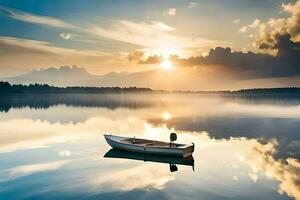 een boot drijvend Aan een kalmte meer Bij zonsondergang. ai-gegenereerd foto