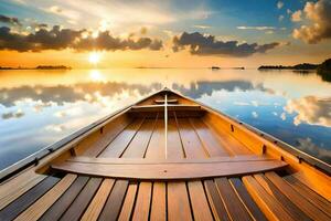 een boot is aangemeerd Aan de water Bij zonsondergang. ai-gegenereerd foto