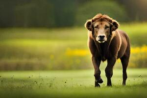 een bruin leeuw wandelen door een veld. ai-gegenereerd foto