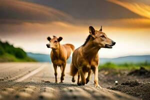 twee bruin paarden wandelen Aan een aarde weg. ai-gegenereerd foto