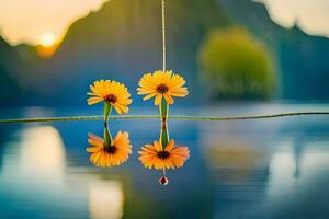 twee geel bloemen zijn geschorst in de water. ai-gegenereerd foto