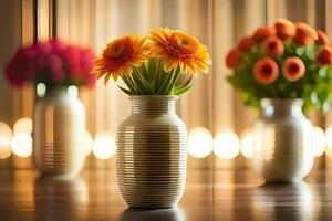 drie vazen met bloemen in hen Aan een tafel. ai-gegenereerd foto