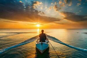 Mens Aan een boot Bij zonsondergang. ai-gegenereerd foto