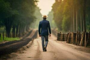 een Mens in een hoed wandelingen naar beneden een aarde weg. ai-gegenereerd foto