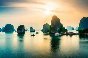 de zon sets over- de water in Halong baai, Vietnam. ai-gegenereerd foto