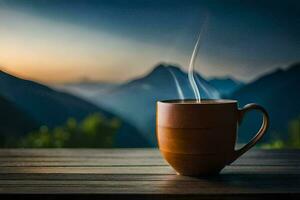 een kop van koffie Aan een houten tafel in de bergen. ai-gegenereerd foto