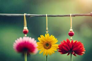 drie kleurrijk bloemen hangende van een draad. ai-gegenereerd foto