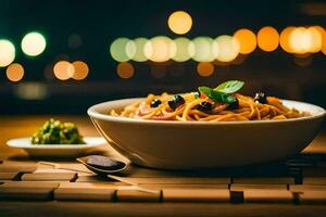 een kom van pasta met olijven en een lepel Aan een houten tafel. ai-gegenereerd foto