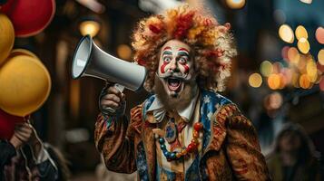 clown geschreeuw door een megafoon Aan een nacht stad straat. foto