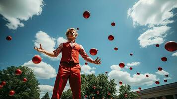 portret van een mooi Mens clown jongleren met rood ballonnen buitenshuis. foto