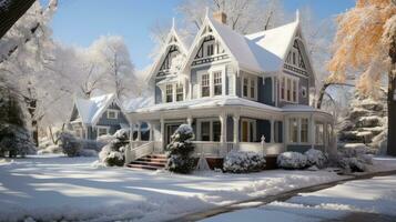 mooi Amerikaans stijl huis in winter landschap met sneeuw en bomen. foto