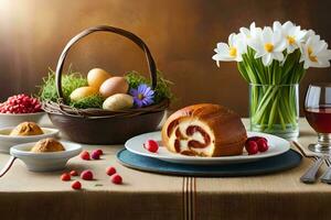 een tafel met een mand van fruit, eieren en bloemen. ai-gegenereerd foto