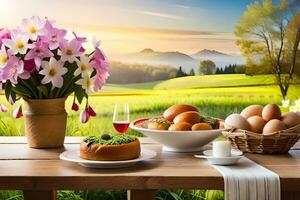 een tafel met bloemen, eieren en brood Aan het. ai-gegenereerd foto