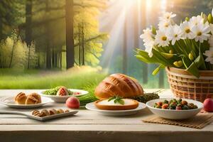 Pasen ontbijt met bloemen en brood Aan een tafel. ai-gegenereerd foto