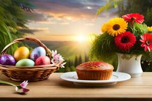 Pasen bloemen en Pasen eieren in een mand Aan een tafel met een koekje en a. ai-gegenereerd foto