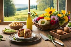 een tafel met bloemen, brood en eieren Aan het. ai-gegenereerd foto