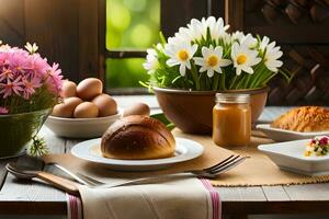 een tafel met een bord van eieren, brood en bloemen. ai-gegenereerd foto