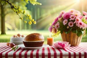 een picknick tafel met een taart, eieren en bloemen. ai-gegenereerd foto