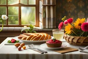 een tafel met brood, eieren, en bloemen Aan het. ai-gegenereerd foto