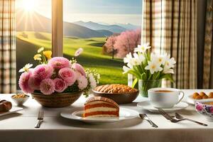 een tafel met een taart, koffie en bloemen Aan het. ai-gegenereerd foto
