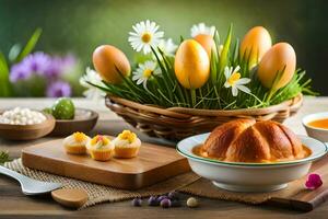 Pasen eieren, brood en bloemen Aan een tafel. ai-gegenereerd foto