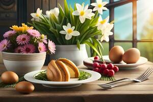 een tafel met eieren, bloemen en een taart. ai-gegenereerd foto