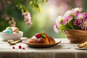 Pasen toetje met bloemen en Pasen eieren Aan tafel. ai-gegenereerd foto