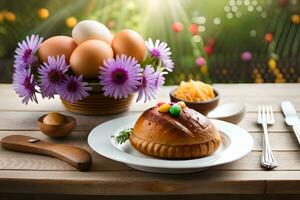 een bord met een ei, brood en bloemen Aan het. ai-gegenereerd foto