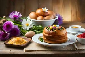 een bord met een ei, een taart en sommige bloemen. ai-gegenereerd foto
