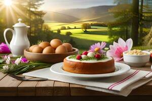Pasen ontbijt met eieren, taart en bloemen. ai-gegenereerd foto