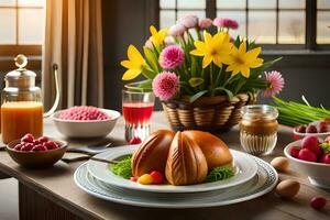 een tafel met een bord van voedsel en bloemen. ai-gegenereerd foto