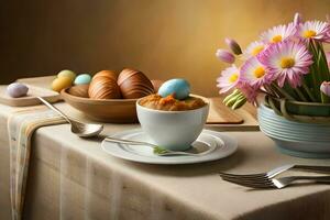 een tafel met een kom van eieren, een kop van koffie en bloemen. ai-gegenereerd foto