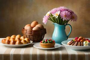 een tafel met borden van voedsel en bloemen. ai-gegenereerd foto