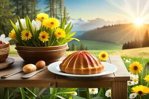 een tafel met een taart en bloemen in voorkant van een berg. ai-gegenereerd foto