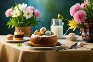 een tafel met een taart, bloemen en een kop van koffie. ai-gegenereerd foto