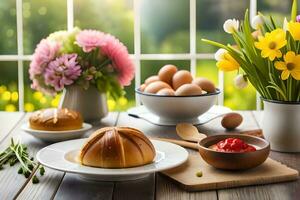 een tafel met een kom van eieren, brood en bloemen. ai-gegenereerd foto