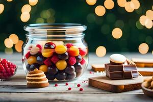 een pot van fruit en chocola Aan een tafel met een Kerstmis boom in de achtergrond. ai-gegenereerd foto