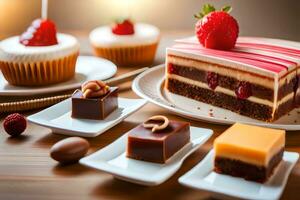 een verscheidenheid van cakes en desserts Aan een tafel. ai-gegenereerd foto