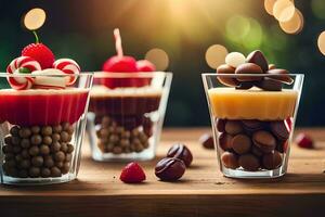 drie toetje cups met verschillend types van desserts. ai-gegenereerd foto
