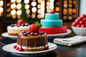 een tafel met drie desserts Aan het. ai-gegenereerd foto