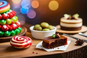 Kerstmis taart, chocola en andere snoepgoed Aan een tafel. ai-gegenereerd foto