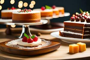 meerdere cakes zijn Aan een tafel met kaarsen. ai-gegenereerd foto